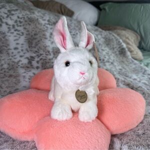 White Bunny Plush on Pink Flower Pillow -